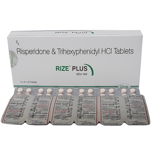 Product Name: Rize Plus, Compositions of Rize Plus are Risperidone & Trihexyphenidyl HCL Tablets - Lifecare Neuro Products Ltd.