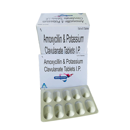 Product Name: AMOZY CV 625, Compositions of AMOZY CV 625 are Amoxycillin & Potassium Clavulanate Tablets IP - Amzy Life Care