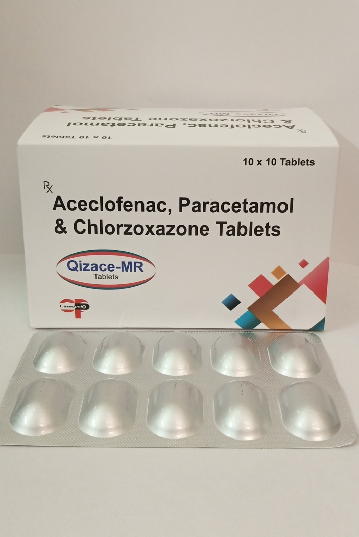 Product Name: Qizace MR, Compositions of Qizace MR are Aceclofenac, Paracetamol & Chlorzoxazone Tablets - Cassopeia Pharmaceutical Pvt Ltd