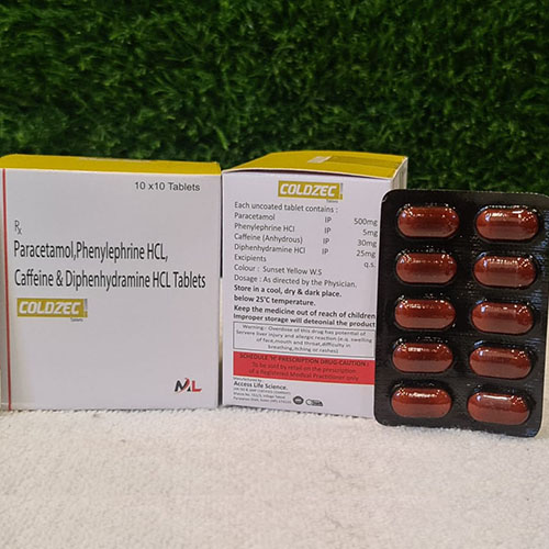 Product Name: Coldzec, Compositions of Coldzec are Paracetamol,Phenylephrin Hcl,Caffien & Diphenhydramine HCL Tablets - Medizec Laboratories