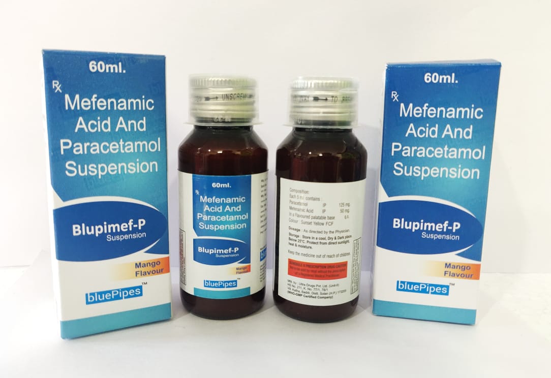 Product Name: BLUPIMEF P, Compositions of BLUPIMEF P are Mefenamic Acid And Paracetamol Suspension - Bluepipes Healthcare
