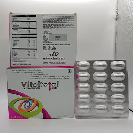 Product Name: Vitoltotal , Compositions of Vitoltotal  are Ginseng Extract Powder-21.25 mg + Ginkgo Biloba Extract-20 mg + Citrus Bioflavonoids-12.5 mg + Green Tea Extract-10 mg + Grape Seed Extract-50mg + Garlic Powder-2 mg + Lycopene 10% Dispersion-2 mg + Methionine-22 mg + Glutami - Acinom Healthcare