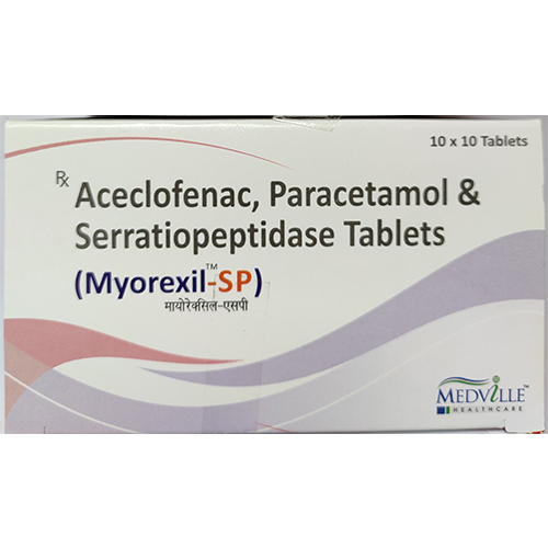 Product Name: Myorexil SP, Compositions of Myorexil SP are Aceclofenac , Paracetamol & Serratiopeptidase Tablets  - Medville Healthcare