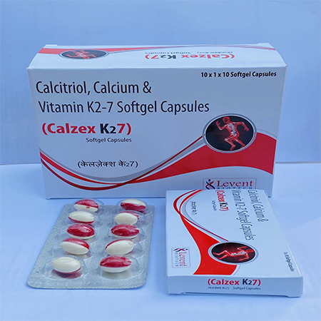 Product Name: Calzex K27, Compositions of Calzex K27 are Calcitriol, Calcium & vitamin K2-7 Softgel capsules - Levent Biotech Pvt. Ltd