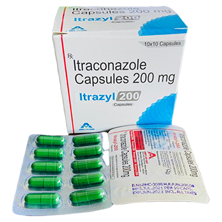 Product Name: Itrazyl 200, Compositions of Itrazyl 200 are Itraconazole Capsules 200mg - Amzy Life Care