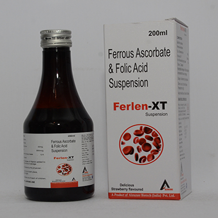 Product Name: FERLEN XT, Compositions of FERLEN XT are Ferrous Ascrobate & Folic Acid Suspension - Alencure Biotech Pvt Ltd