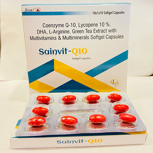 Product Name: Sainvit Q10, Compositions of Sainvit Q10 are Coenzyme Q10,Lycopene 10%,DHA,L-Arginine,Green Tea Extratct wih Multivitamins Softgel Capsules - Disan Pharma
