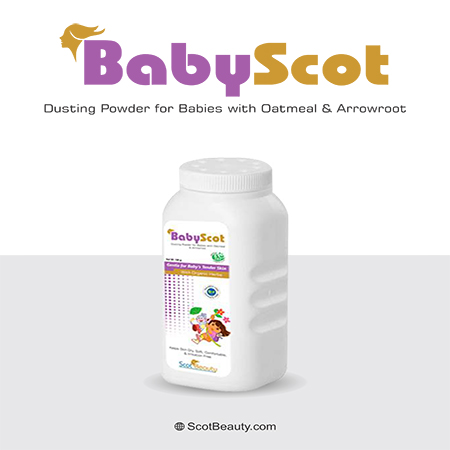 Product Name: BabyScot, Compositions of BabyScot are Dusting Powder for Babies with Oatmeal & Arrowroot - Scothuman Lifesciences