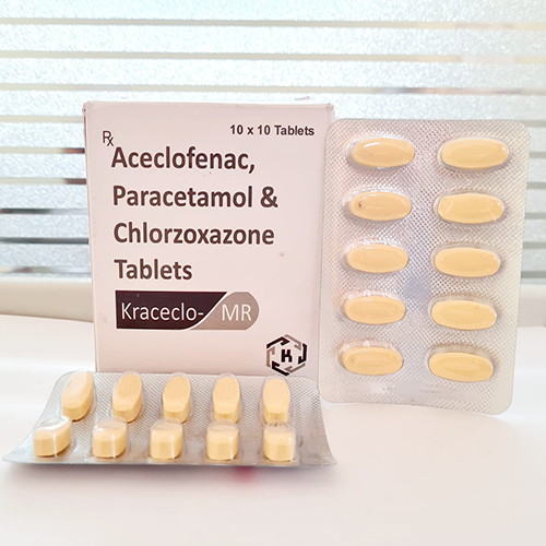 Product Name: Kraceclo MR, Compositions of Kraceclo MR are Aceclofenac, Paracetamol & Chlorzoxazone Tablets - Kriti Lifesciences