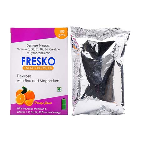 Product Name: FRESKO, Compositions of FRESKO are Dextrose, Minerals, Vitamin C, D3, B1, B2, B6, Creatine & Cyanocobalamin - Cista Medicorp