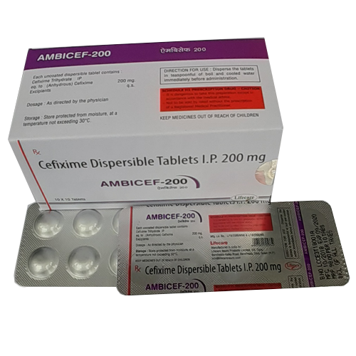 Product Name: Ambicef 200, Compositions of Ambicef 200 are Cefixime Dispersable Tablets IP - Lifecare Neuro Products Ltd.
