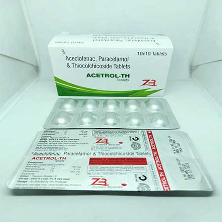 Product Name: Acetrol TH, Compositions of Acetrol TH are Aceclofenac & Paracetamol & Thiocolchicoside Tablets - Zumax Biocare