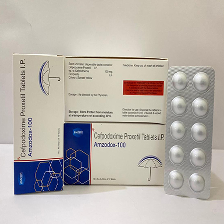 Product Name: Amzodox 100, Compositions of Amzodox 100 are Cefpodoxime Proxetil Tablets I.P. - Amzor Healthcare Pvt. Ltd