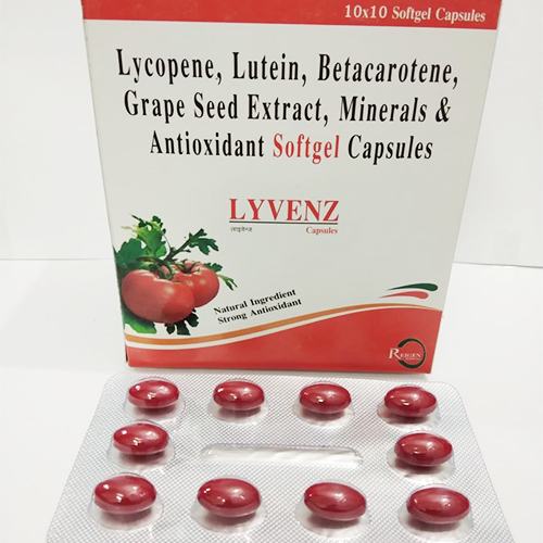 Product Name: LYVENZ Softgel Capsules, Compositions of LYVENZ Softgel Capsules are Lycopene (10%) 5000mcg  - Vit.A 5000 I.U  - Ascorbic Acid75mg  - Niacinamide 50mg - JV Healthcare