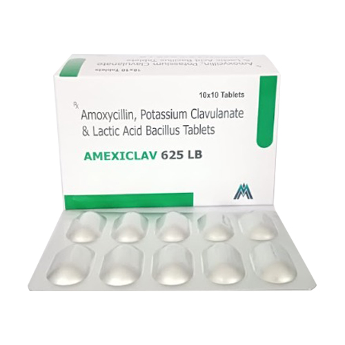 Product Name: AMEXICLAV 625 LB, Compositions of AMEXICLAV 625 LB are Amoxycillin, Potassium Clavulanate & Lactic Acid Bacillus Tablets - Medlo Biotech