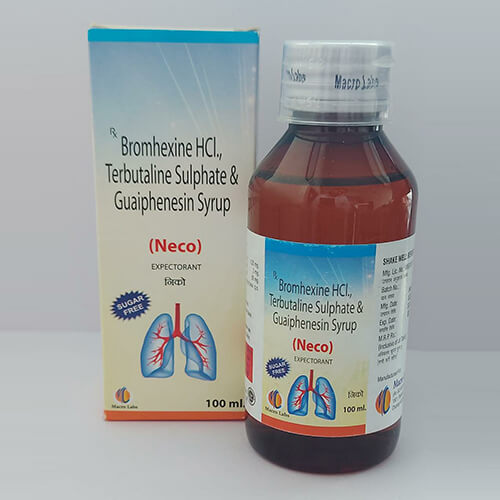 Product Name: Neco, Compositions of Neco are Bromhexine Hcl,Terbutaline sulphate & Guaiphenesin Syrup - Macro Labs Pvt Ltd