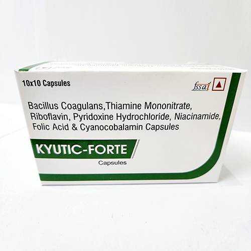 Product Name: Kyutic Forte, Compositions of Kyutic Forte are Bacillus Coagulans, Thiamine Mononitrate, Riboflavin, Pyridoxine Hydrochloride, Niacinamide, Folic Acid & Cyanocobalamin Capsules - Bkyula Biotech