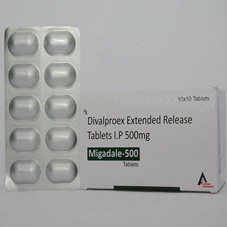 Product Name: MIGADALE 500, Compositions of MIGADALE 500 are Divalproex Extended Release Tablets IP 500mg - Alencure Biotech Pvt Ltd