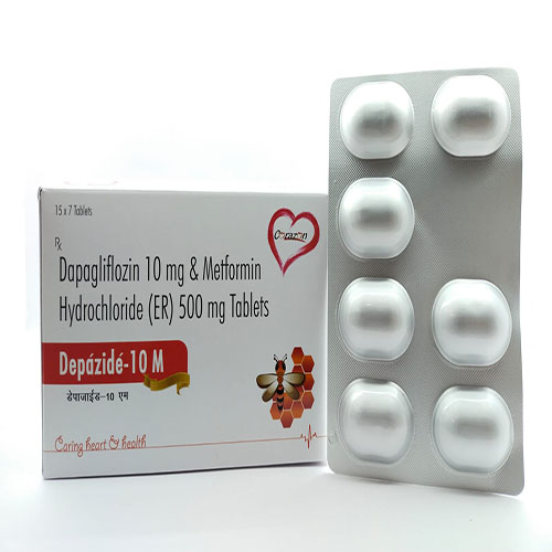 Product Name: Depazide 10 M, Compositions of Depazide 10 M are Dapagliflozin 1o mg & Metformin Hydrochloride(ER) 500 mg Tablets - Arlak Biotech