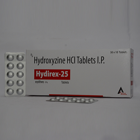 Product Name: HYDIREX 25, Compositions of HYDIREX 25 are Hydroxyzine HCL Tablets IP - Alencure Biotech Pvt Ltd