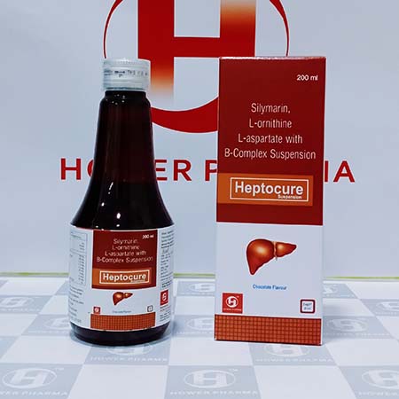Product Name: Heptocure, Compositions of Heptocure are Silymarin,L-ornithine L-Aspartate with B-Complex Suspention - Hower Pharma Private Limited