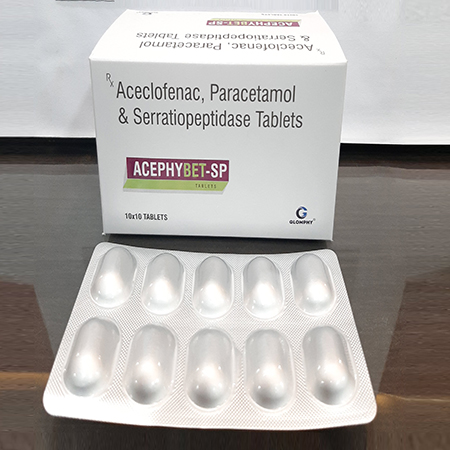 Product Name: ACEPHYBET SP, Compositions of ACEPHYBET SP are Aceclofenac, Paracetamol & Serratiopeptidase Tablets - Glomphy Biotech