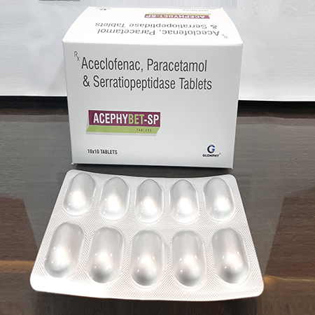 Product Name: Acephybet sp, Compositions of Acephybet sp are Aceclofenac, Paracetamol & Serratiopeptidase Tablets - Glomphy Biotech