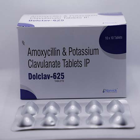 Product Name: Dolclav 625, Compositions of Dolclav 625 are Amoxycillin & Potassium Clavulanate Tablets IP - Norvick Lifesciences