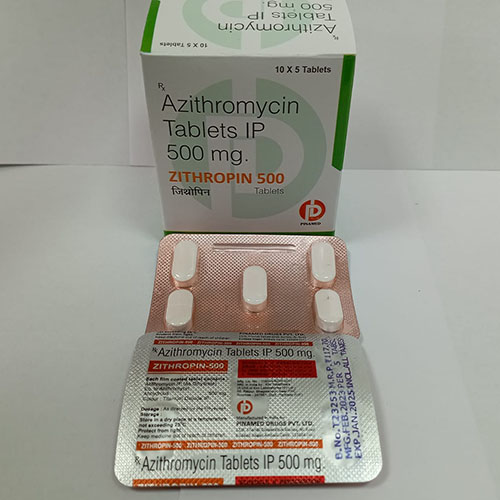 Product Name: Zithropin 500, Compositions of Zithropin 500 are Azithromycin Tablets IP 500 mg - Pinamed Drugs Private Limited