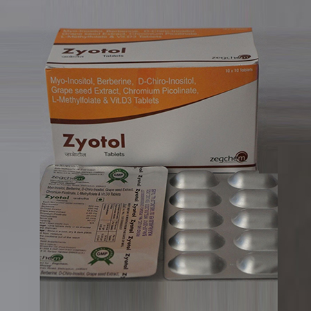 Product Name: Zyotol, Compositions of Zyotol are Myo-Inositol,Berberine,D-Chiro-Inosital,Grape Seed Extract,Chromium Picolinate L-Methylfolate & Vit D3 Tablets - Zegchem