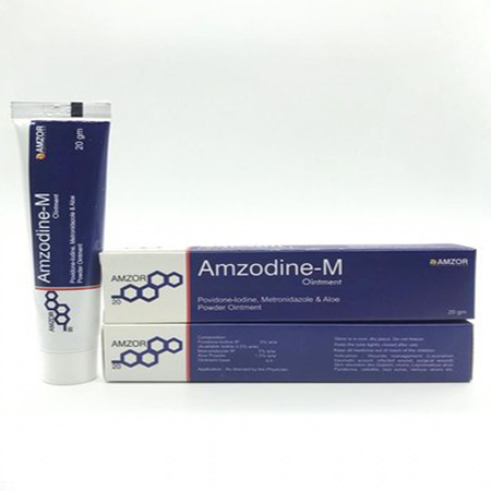 Product Name: amzodine m, Compositions of amzodine m are Povidone-Iodine, Metronidazole & Aloe Powder Ointment - Amzor Healthcare Pvt. Ltd