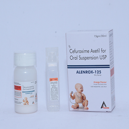 Product Name: ALENROX 125, Compositions of ALENROX 125 are Cefuroxime Axetil for Oral Suspension USP - Alencure Biotech Pvt Ltd