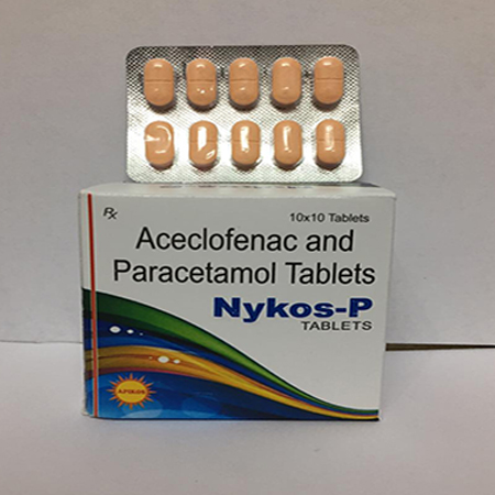 Product Name: NYKOS P, Compositions of NYKOS P are Aceclofenac, Paracetamol & Serratiopeptidase Tablets - Apikos Pharma