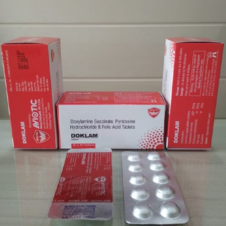 Product Name: Doklam, Compositions of Doklam are Doxfamine Succinate, Prioxine Hydrochloride & Folic Acid Tablets - Aviotic Healthcare Pvt. Ltd