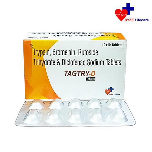 Product Name: TAGTRY D, Compositions of TAGTRY D are Trypsin , Bromelain , Rutoside Trihydrate & Diclofenac Sodium Tablets. - Ryze Lifecare