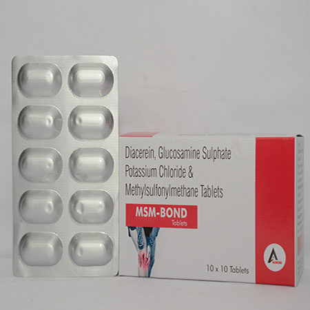 Product Name: MSM BOND, Compositions of MSM BOND are Diacerin, Glucosamine Sulphatre Potassium Chloride & Methylsulfonylmethane Tablets - Alencure Biotech Pvt Ltd