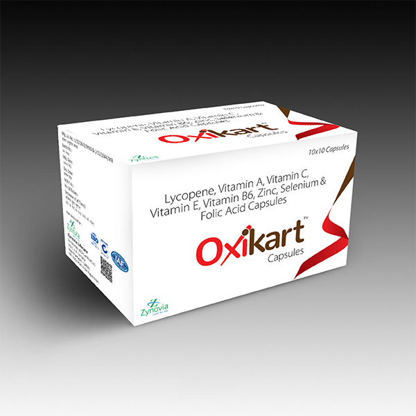 Product Name: Oxikart, Compositions of Oxikart are Lycopene, Vitamin A, Vitamin C, Vitamin E, Vitamin B6, Zinc, Selenium & Folic Acid Capsules - Zynovia Lifecare