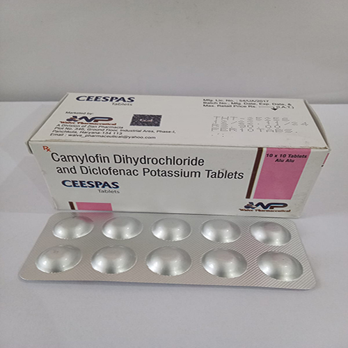 Product Name: CEESPAS, Compositions of CEESPAS are Camylofin Dihydrochloride and Diclofenac Potassium Tablets. - Arlig Pharma