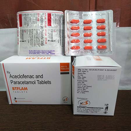 Product Name: Btflam, Compositions of Btflam are Aceclofenac & Paracetamol Tablets - Biotanic Pharmaceuticals