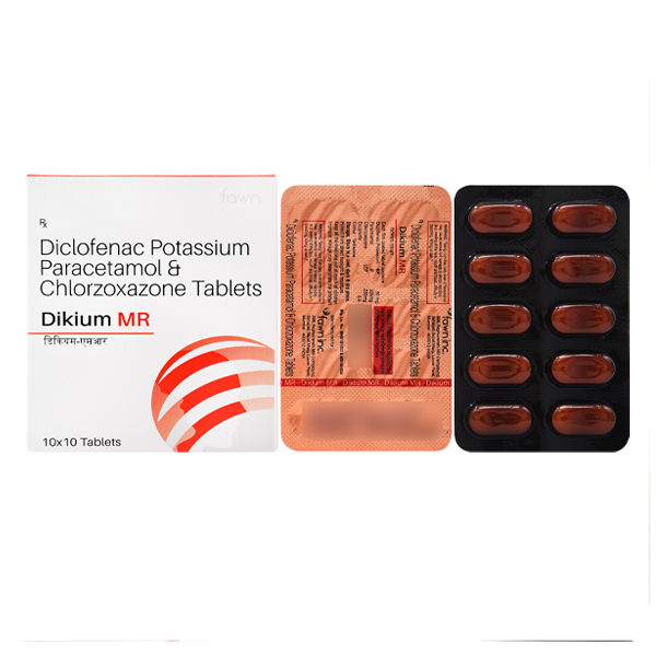 Product Name: DIKIUM MR, Compositions of DIKIUM MR are Diclofenac 50 mg + Paracetamol 325 mg + Chlorzoxazone 250 mg. - Fawn Incorporation