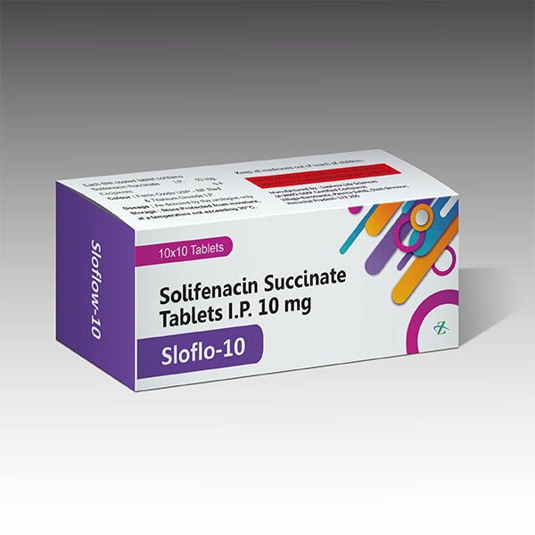 Product Name: Sloflo 10, Compositions of Sloflo 10 are Solifenacin Succinate Tablets I.P 10 mg - Zynovia Lifecare