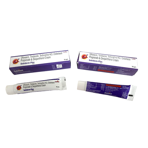 Product Name: Gebiderm Plus, Compositions of Gebiderm Plus are Ofloxacin, Tinidazole, Terbinafine HCI, Clobetasol Propionate & Dexpanthenol Cream - Oddiant Formulations