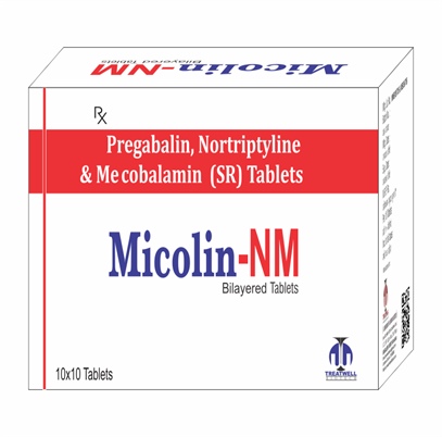 Product Name: Micolin NM, Compositions of Micolin NM are Pregabalin 75 mg, Nortrityline 10 mg, Methylcobalamin 1500 mcg - Lavanya Biotech