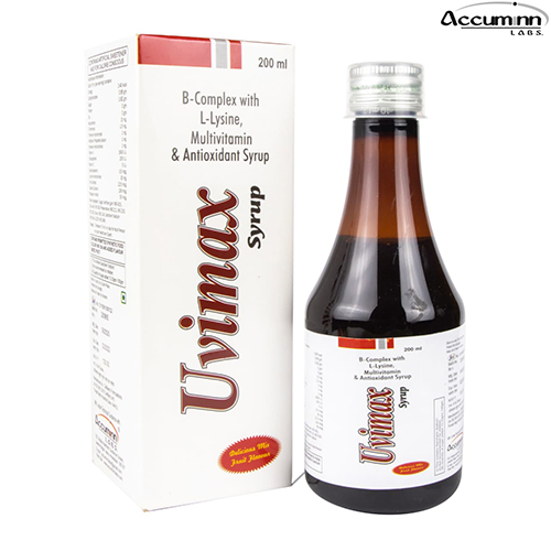 Product Name: Uvimax, Compositions of Uvimax are B Complex with L-Lysine, Multivitamin & Antioxidant Syrup - Accuminn Labs
