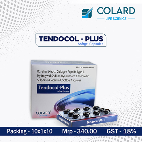 Product Name: TENDOCOL   PLUS, Compositions of TENDOCOL   PLUS are Rosehip Extract, Collagen Peptide Type II, Hydrolyzed Sodium Hyaluronate, Chondroitin Sulphate & Vitamin C Softgel Capsules - Colard Life Science