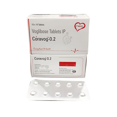 Product Name: Coravog 0.2 , Compositions of Coravog 0.2  are Voglibose Tablets IP - Arlak Biotech