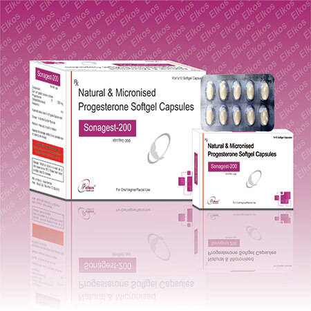 Product Name: Sonagest 200, Compositions of Sonagest 200 are Natural & Micronised Progesterone Softgel Capsules - Elkos Healthcare Pvt. Ltd