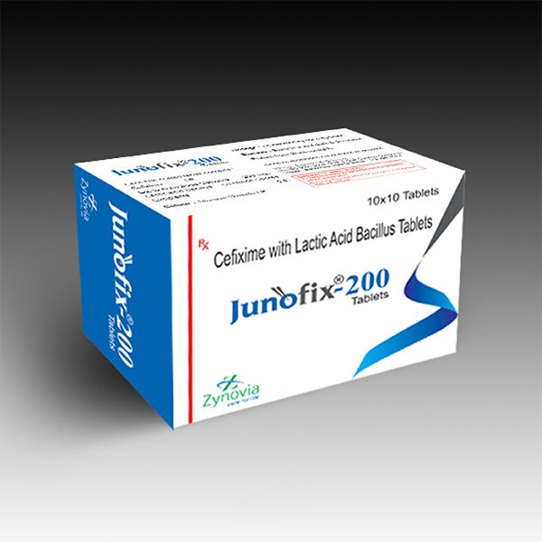 Product Name: Junofix 200, Compositions of Junofix 200 are Cefixime With Lactic Acid Bacillus Tablets - Zynovia Lifecare