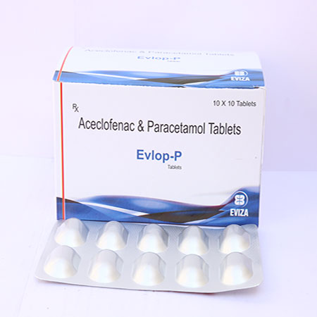 Product Name: Evlop P, Compositions of Evlop P are Aceclofenac & Paracetamol Tablets - Eviza Biotech Pvt. Ltd