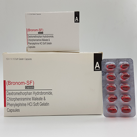 Product Name: Bronom SF, Compositions of Bronom SF are Dexxtromethorphan Hydrobromide, Chlorpeniramine Maleate and phenylephrine HCL Soft Gelatin Casules - Acinom Healthcare